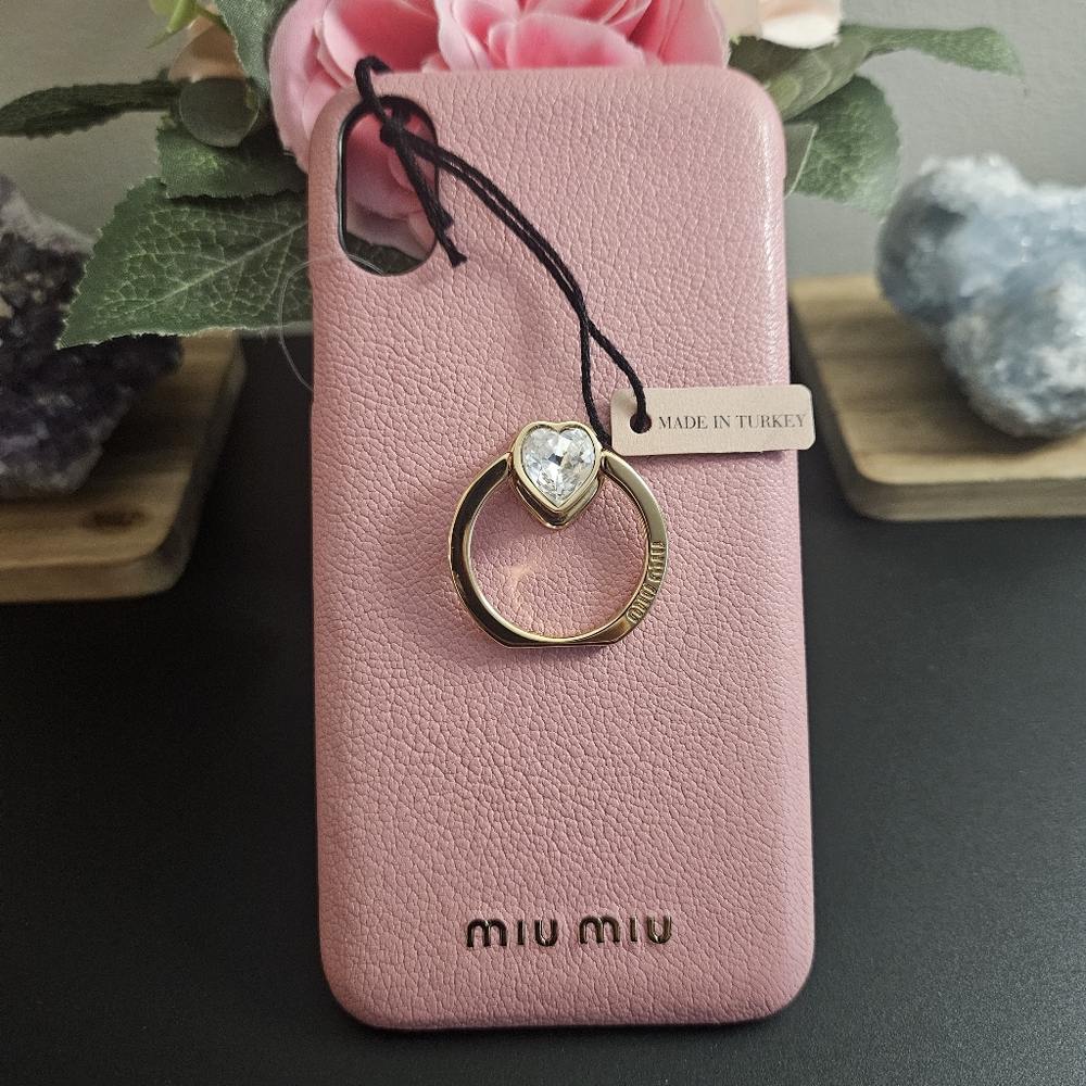 Miu Miu MADRAS leather Pink iPhone Case with Gold Ring Holder Heart Crystal X XS